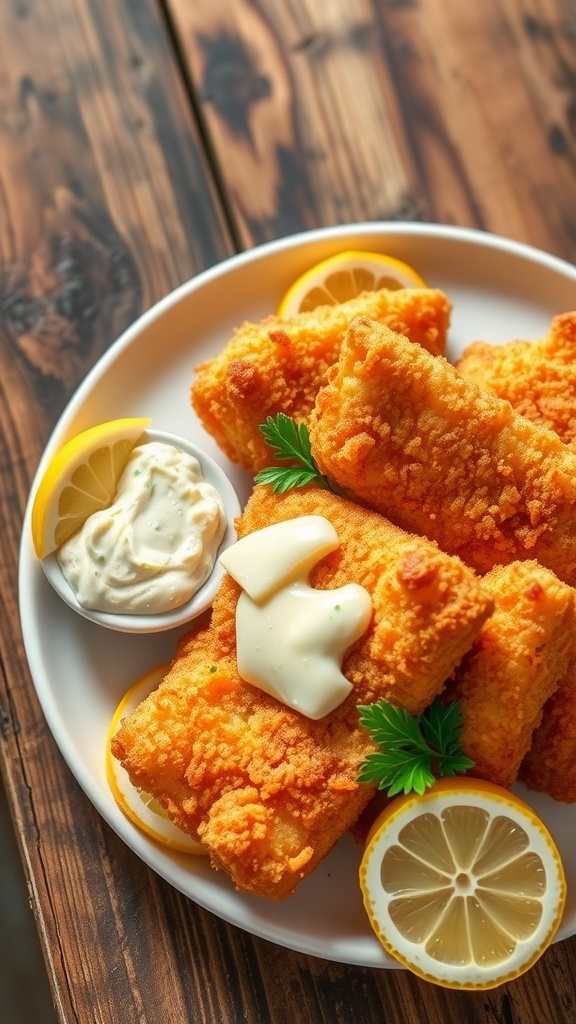 Crispy fried cod fillets on a plate with lemon aioli and garnished with lemon slices and parsley.